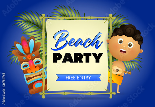 Beach party announcement design. Hawaiian guy with ukulele, tiki tribal mask and palm leaves on blue background. Vector illustration can be used for posters, flyers, signs