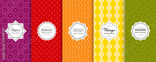 Vector geometric seamless patterns collection. Set of bright colorful background swatches with elegant modern labels. Cute minimal abstract textures. Pretty design with floral elements, stripes, mesh