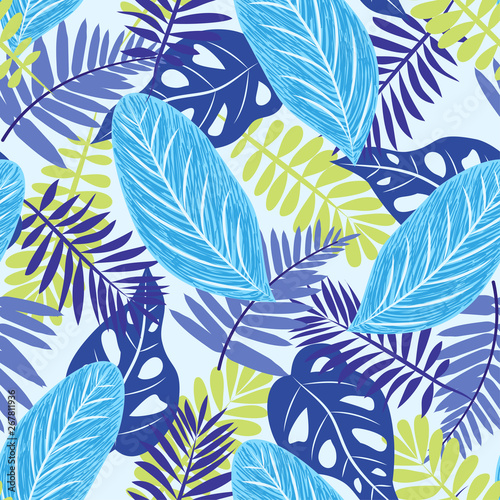 Creative seamless pattern with bright tropical plants on white background. Vector design. Flat jungle print. Floral background.