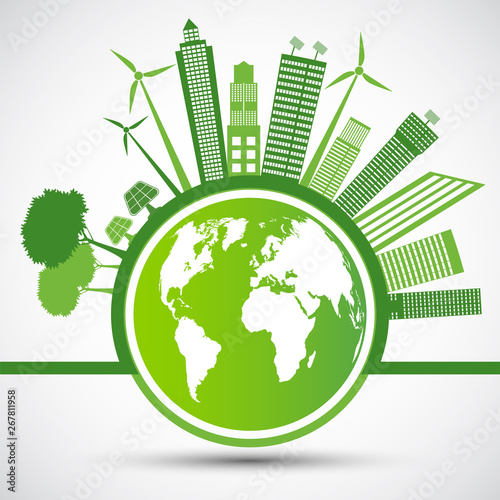 Ecology and Environmental Concept,Earth Symbol With Green Leaves Around Cities Help The World With Eco-Friendly Ideas,Vector llustration