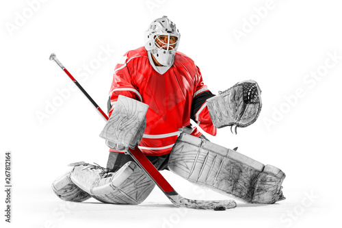 Photography Professional ice hockey player goalkeeper in action on white backgound