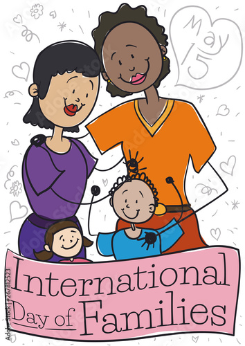 Diverse Family with Two Moms Celebrating International Day of Families, Vector Illustration