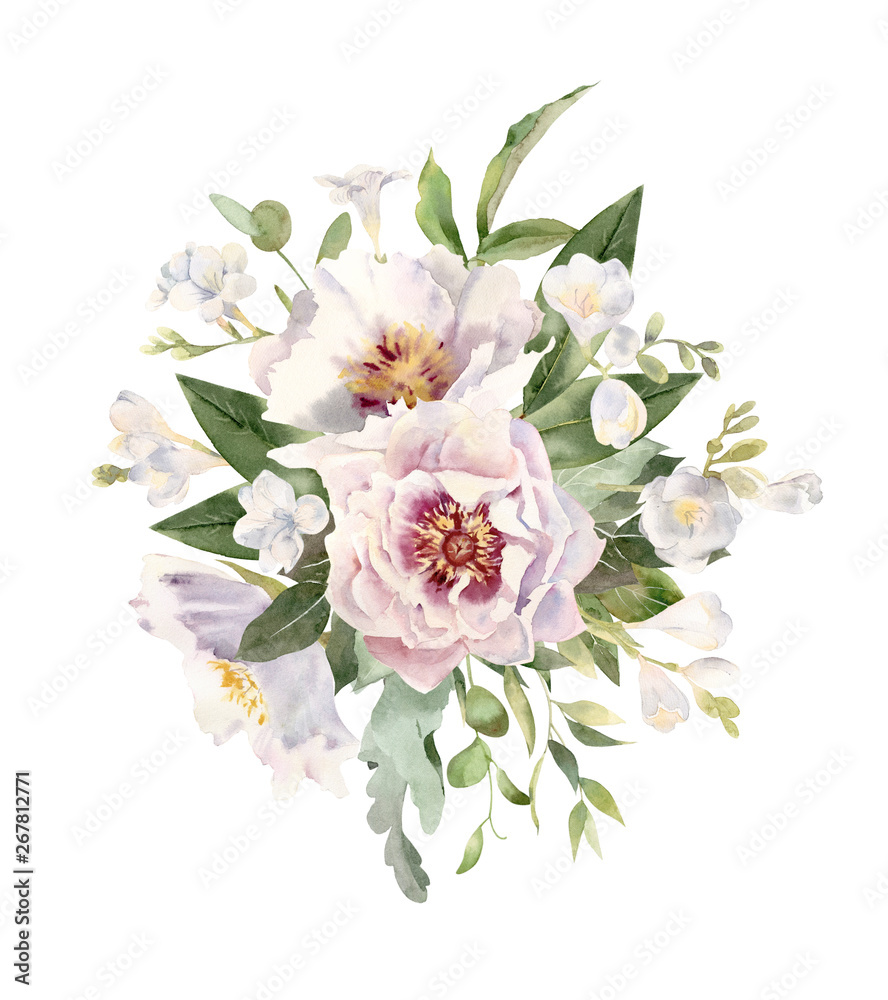 Handpainted watercolor wreath of white freesias and peonies