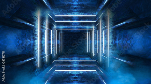 Tunnel in blue neon light, underground passage. Abstract blue background. Background of an empty black corridor with neon light. Abstract background with lines and glow. 3D illustration. © MiaStendal