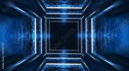 Fototapeta Naklejka Na Ścianę i Meble -  Tunnel in blue neon light, underground passage. Abstract blue background. Background of an empty black corridor with neon light. Abstract background with lines and glow. 3D illustration.