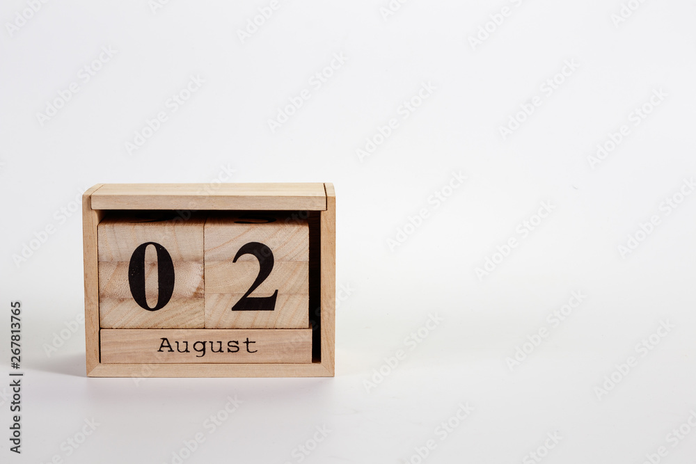 Wooden calendar August 02 on a white background Wooden calendar August 02 on a white background