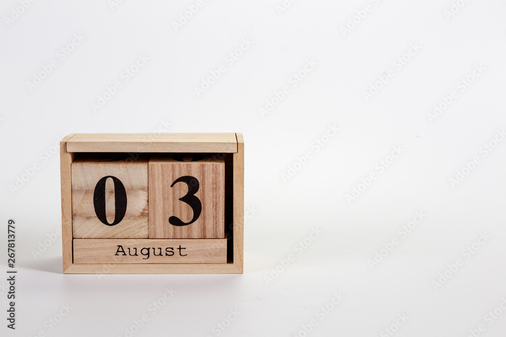 Wooden calendar August 03 on a white background