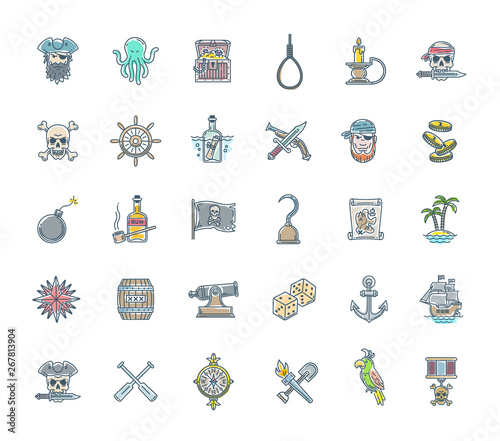 Pirate icon set - line drawn different objects, items, signs and symbols. Vector illustration.