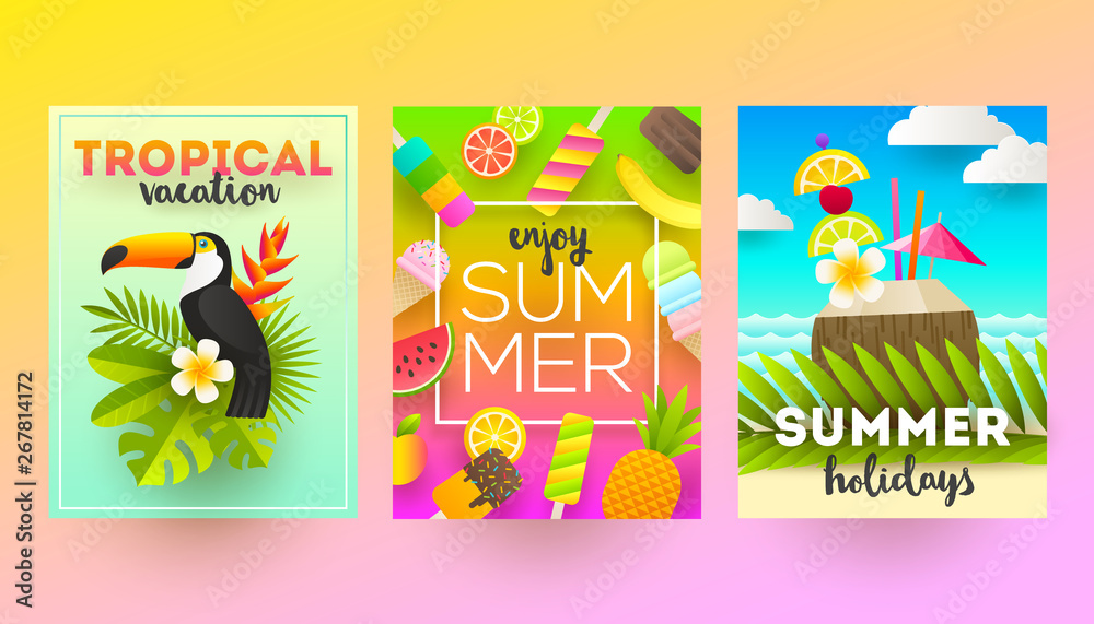 Fototapeta premium Vector flat design. Set of summer holidays and tropical vacation posters or greeting card.
