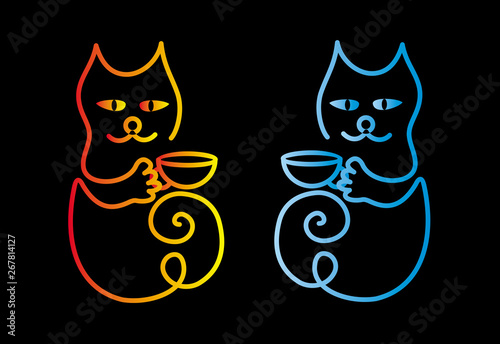 Two cartoon colorful cat on a black background with cups of coffee or tea. Sparkling colors and yellow-orange sun. Vector Art.