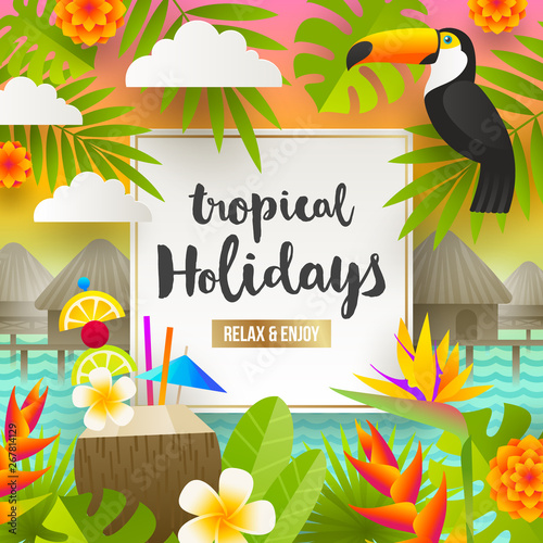 Tropical holidays and beach vacation illustration. Flat vector design.