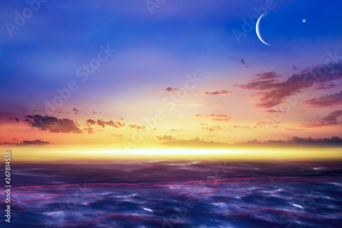 Crescent moon with beautiful sunset background . Generous Ramadan . Light from sky . Religion background .  