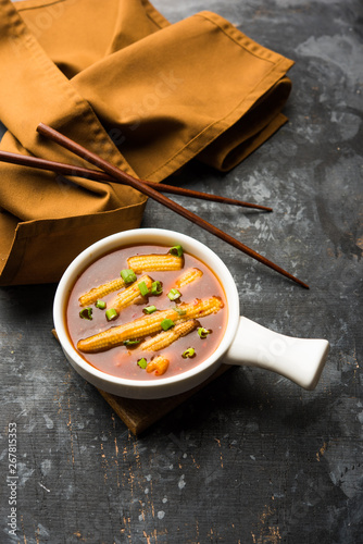 Baby Corn Manchurian with gravy - popular Indo-chinese recipe. selective focus