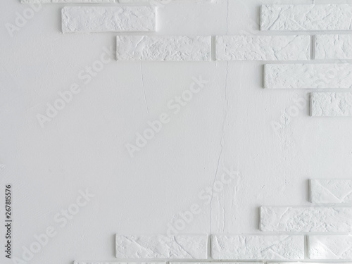 Abstractt white brick wall background in rural room, horizontal architecture photo