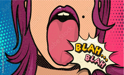 Blah, blah! Pop art funny comic sexy girl. Fashionable poster and banner. Social Media Connecting Blog Communication Content. Trendy and fashion color retro vintage illustration background.