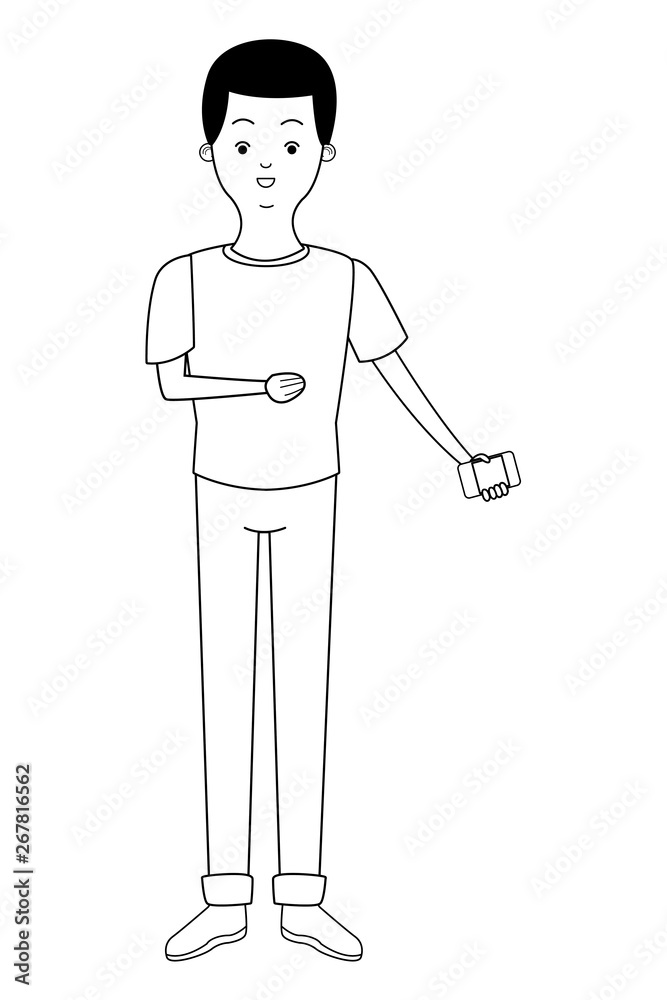 Young man with smartphone cartoon in black and white Young man with smartphone cartoon in black and white