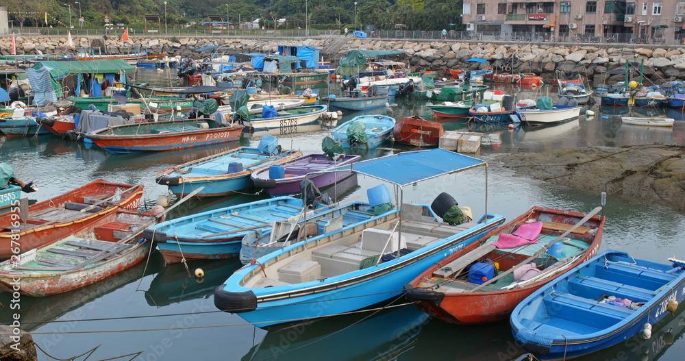 Crowd of small boats in the sea of Cheung chau island