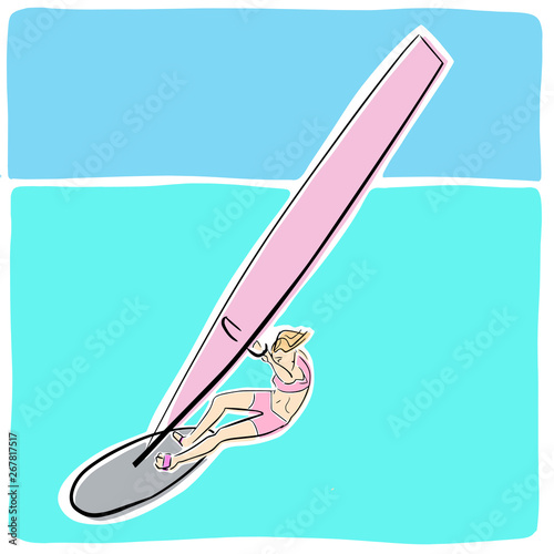 Single female windsurfer on windsurf board. Vector flat illustration. Colorful drawing. Isolated black contour and colors.