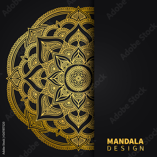 Golden mandala design. Ethnic round ornament. Hand drawn indian motif. Unique golden floral print. Elegant invitation card for wedding. Abstract luxury background. Mehendi meditation yoga henna theme.