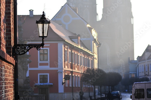 Street lamp lantern in Wroclaw catholic old town Ostrow Tumski. with cathedral in the back