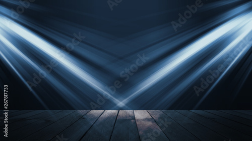 Background of empty dark scene with wooden old floor. Neon light smoke. Dark abstract background