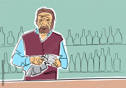 Old bearded bartender is wiping glass in a bar. Colorful vector illustration. Isolated black contour and pastel colors. Abstract drawing. Sketch style.