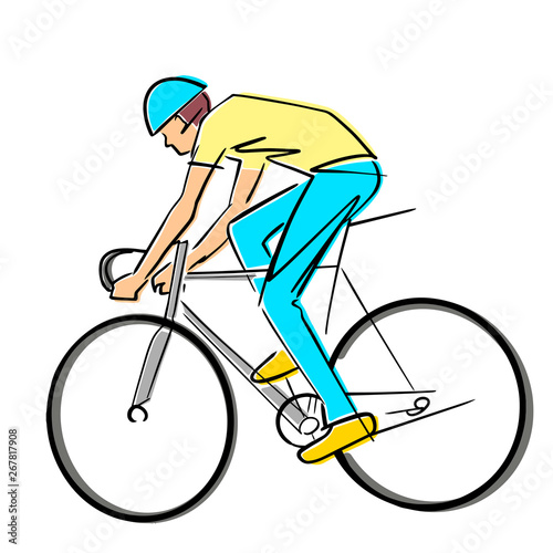 Single male bicyclist on bicycle. Vector cycling race illustration. Colorful drawing. Isolated black contour and colors.