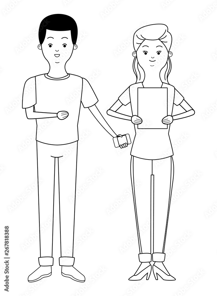 Millennial couple cartoon in black and white Millennial couple cartoon in black and white