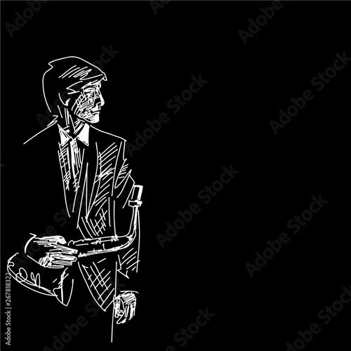 Silhouette of saxophone player. Hand drawn jazz illustration. Black and white musical sketch. Monochrome drawing. Vector isolated contour. Grattage style.