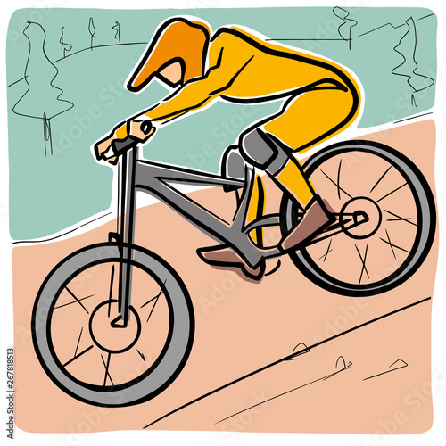 Single male bicyclist on bicycle. Vector cycling illustration. Colorful drawing. Isolated black contour and colors.