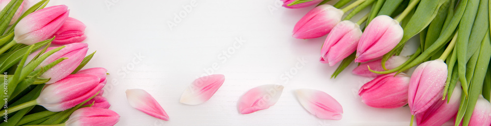 Fototapeta premium Różowe tulipany na białym tle na białym tle drewna. Tło uroczystości.