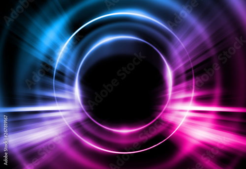 Dark abstract futuristic background. Neon lines and shapes. Neon glow and rays on a dark background