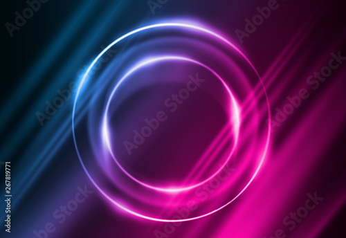 Dark abstract futuristic background. Neon lines and shapes. Neon glow and rays on a dark background