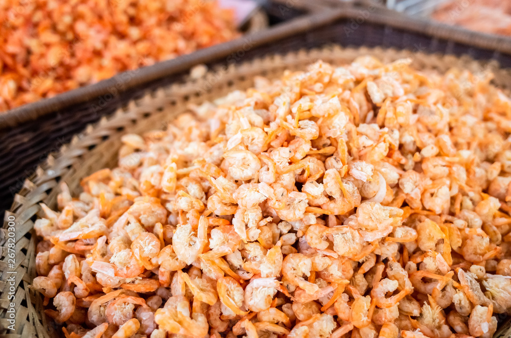 heap of dried shrimp fish at the traditional market