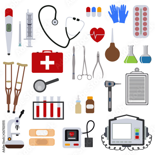 Medicine and health tools medical hospital human service operation healthy care first aid kit vector illustration. Professional laboratory work pharmacy emergency equipment.