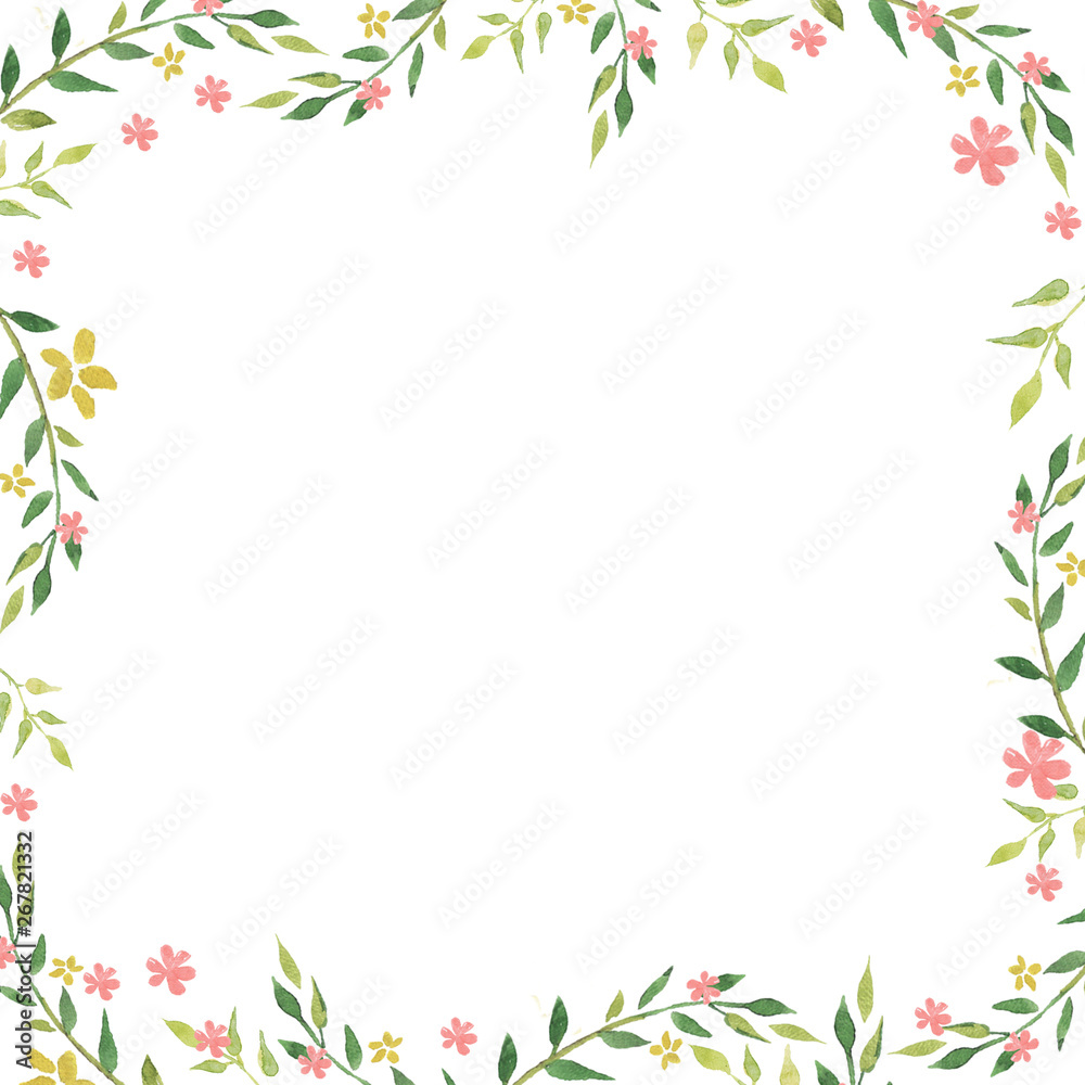 Delicate watercolor frame of spring leaves and flowers. Hand drawn floral watercolor background. Delicate watercolor frame of spring leaves and flowers. Hand drawn floral watercolor background.