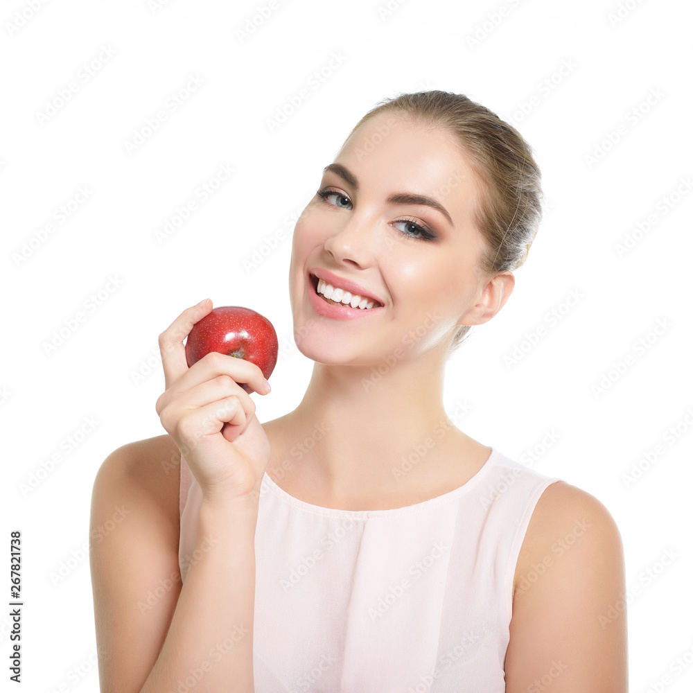 Beauty female portrait. Young attractive woman posing at studio over white background. Beautiful girl with perfect smile. Model with perfect make-up Beauty female portrait. Young attractive woman posing at studio over white background. Beautiful girl with perfect smile. Model with perfect make-up