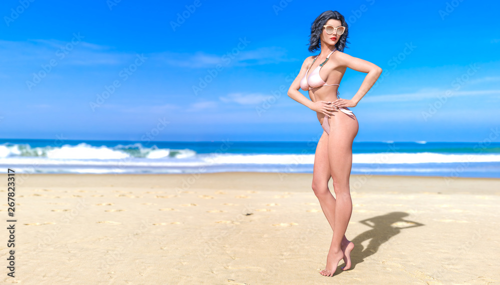 3D beautiful sun-tanned woman swimsuit bikini sea beach.Girl in sunglasses.Summer rest.Blue ocean background.Sunny day.Conceptual fashion art.Seductive candid pose.3D render illustration. 3D beautiful sun-tanned woman swimsuit bikini sea beach.Girl in sunglasses.Summer rest.Blue ocean background.Sunny day.Conceptual fashion art.Seductive candid pose.3D render illustration.