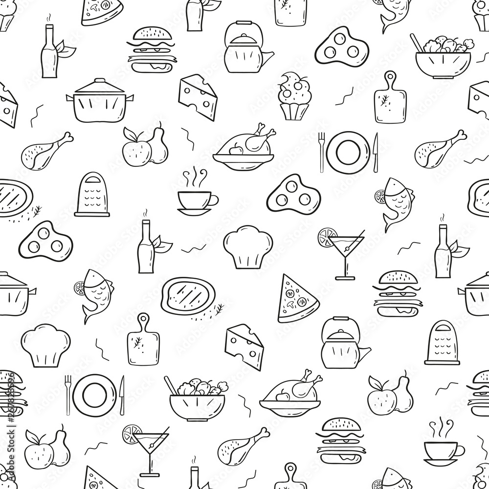 Line style nutrition pattern. Doodle seamless background. The modern and light pattern is ideal for promotional products, textiles, websites, identity, menu, packaging and more