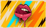 Pink, red lips, mouth and tongue icon on pop art retro vintage colorful background. Trendy and fashion color illustration easy editable for Your design of poster and banner. 