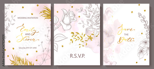 Wedding invitation cards with watercolor texture,hand-drawn flowers and plants and Golden sequins.Vector illustration.