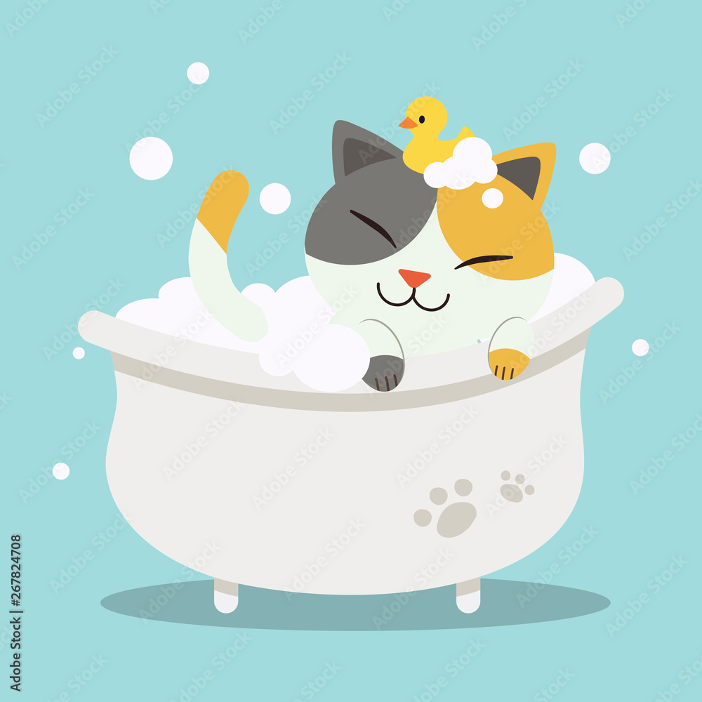 A Cute character cartoon cat lying in the bathtub with duck toy. Stock  Vector | Adobe Stock