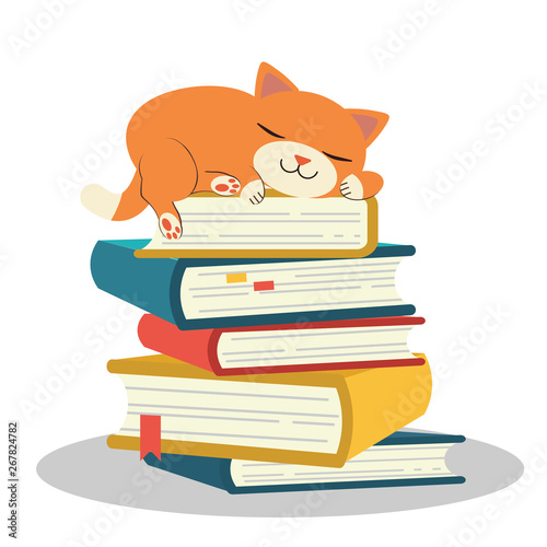 The Cute character of cat sleeping on pile of book. cat sleeping. pile of book . lazy cat is sleeping. sleeing on a book.study by my self.education of cat.so tired
