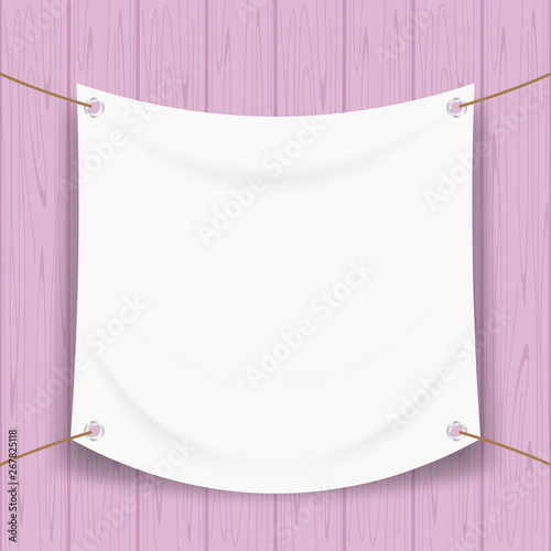 vinyl banner blank white isolated on purple pastel wood frame, mock up textile fabric empty of banner advertising stand hanging, indoor outdoor fabric mesh vinyl backdrop for presentation frame poster