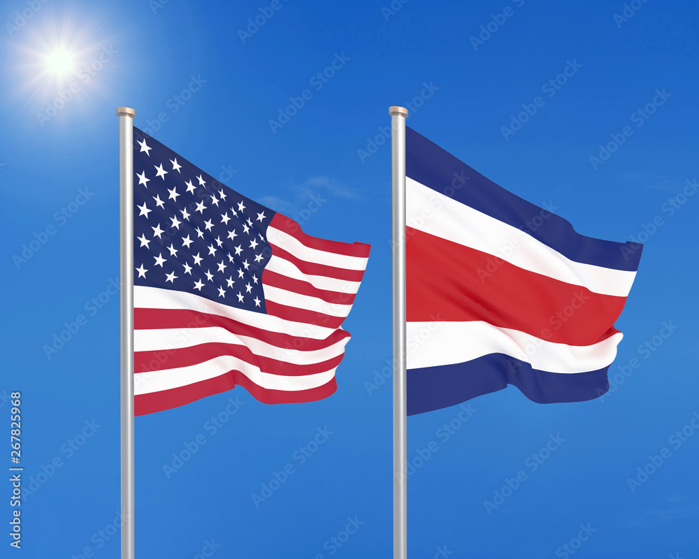 United States of America vs Costa Rica. Thick colored silky flags of America and Costa Rica. 3D illustration on sky background. - Illustration