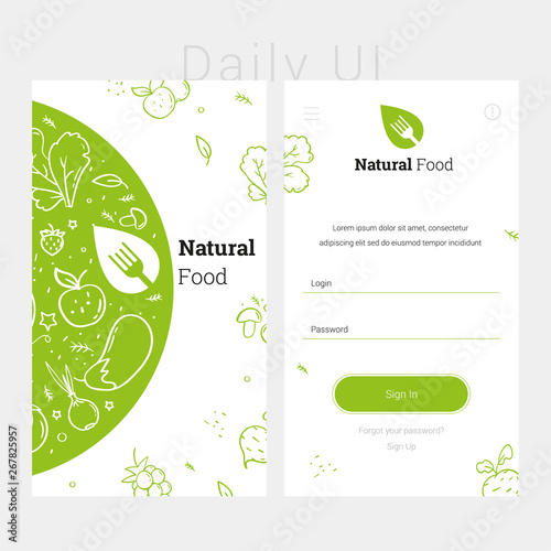 Green app design template of natural food. Concept food interface design. Modern flat design template