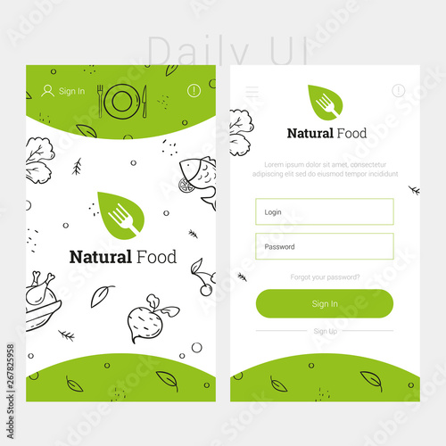 Green app design template of natural food. Concept food interface design. Modern flat design template