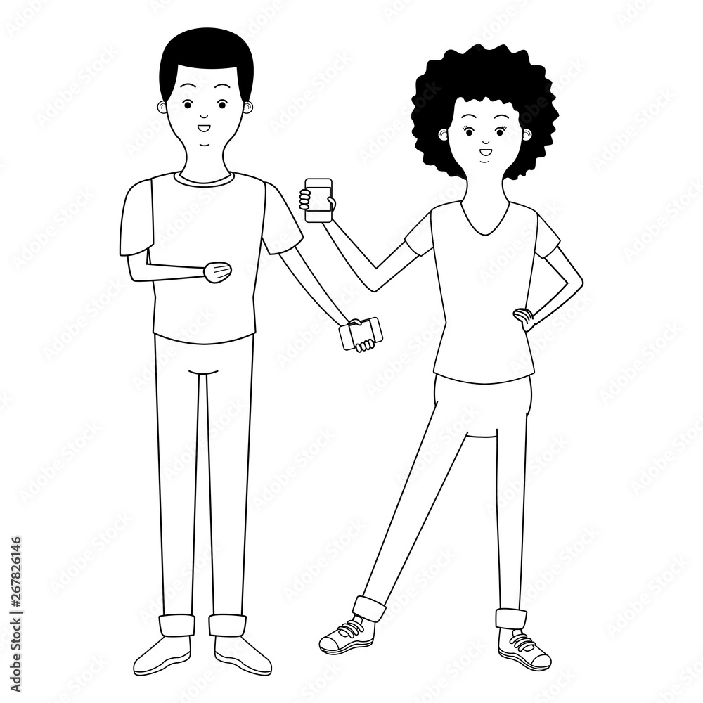 Millennial couple cartoon in black and white Millennial couple cartoon in black and white