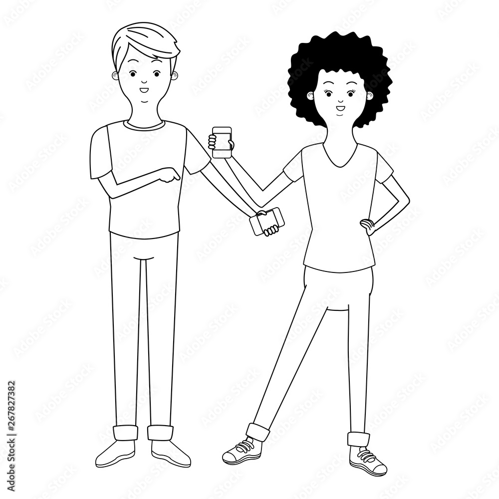 Millennial couple cartoon in black and white