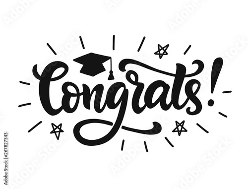 Congrats! Graduation class label, banner. Hand drawn vector lettering